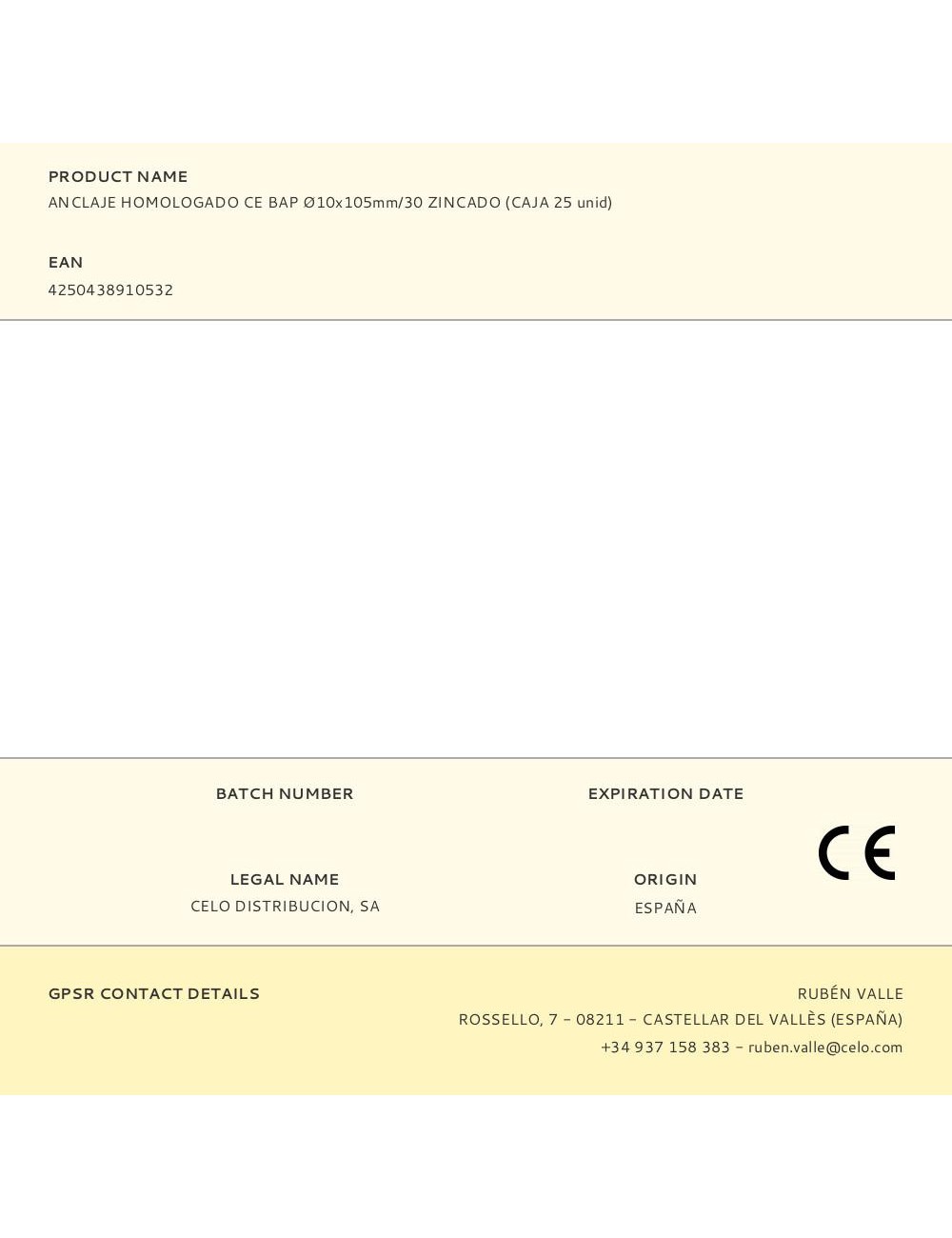 Anclaje homologado ce bap ø10 x 105 mm/30 zincado, caja 25 uds