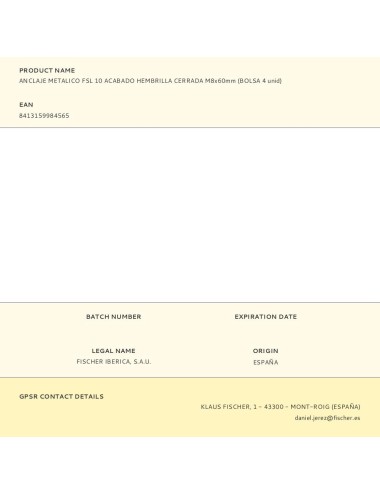 Anclaje metálico fsl 10 acabado hembrilla cerrada m8 x 60 mm, bolsa 4 uds