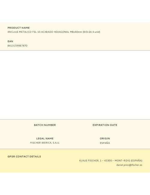 Anclaje metálico fsl 10 acabado hexagonal m8 x 60 mm, bolsa 4 uds