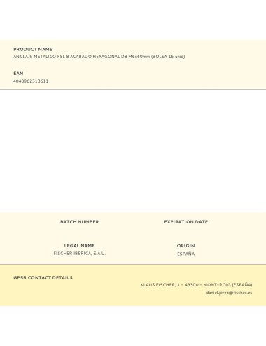 Anclaje metálico fsl 8 acabado hexagonal d8 m6 x 60 mm, bolsa 16 uds