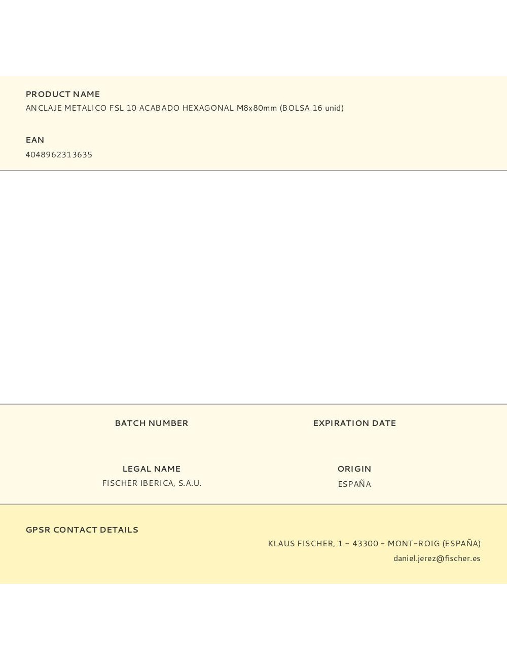 Anclaje metalico fsl 10 acabado hexagonal m8 x 80 mm, bolsa 16 uds