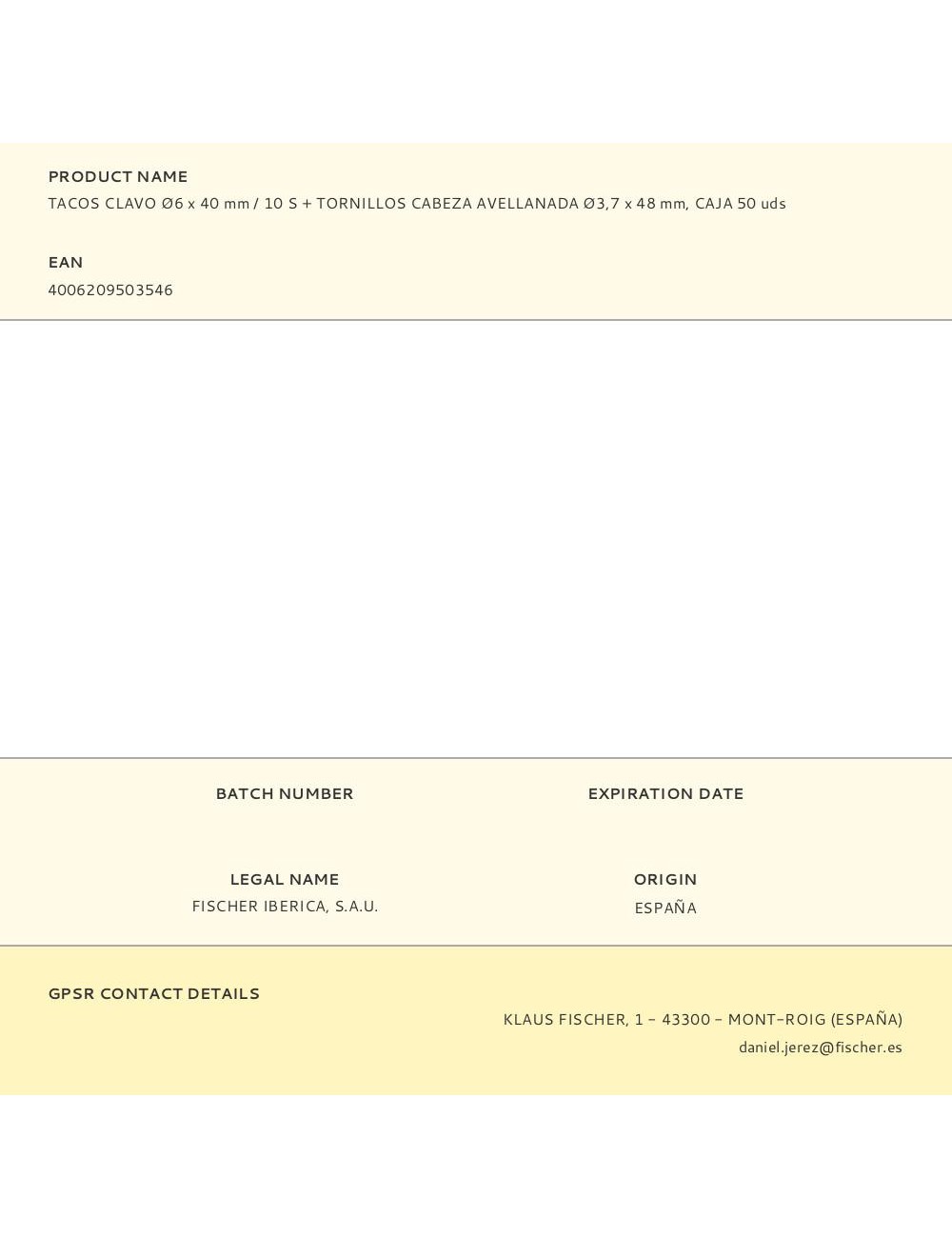 Tacos clavo ø6 x 40 mm / 10 s + tornillos cabeza avellanada ø3,7 x 48 mm, caja 50 uds