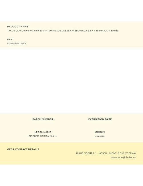 Tacos clavo ø6 x 40 mm / 10 s + tornillos cabeza avellanada ø3,7 x 48 mm, caja 50 uds
