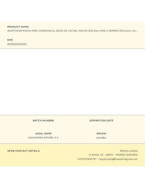 Adaptador rosca para conexion al grifo de cocina. macho ø26,5mm (3/4) a hembra m22x1mm. gardena