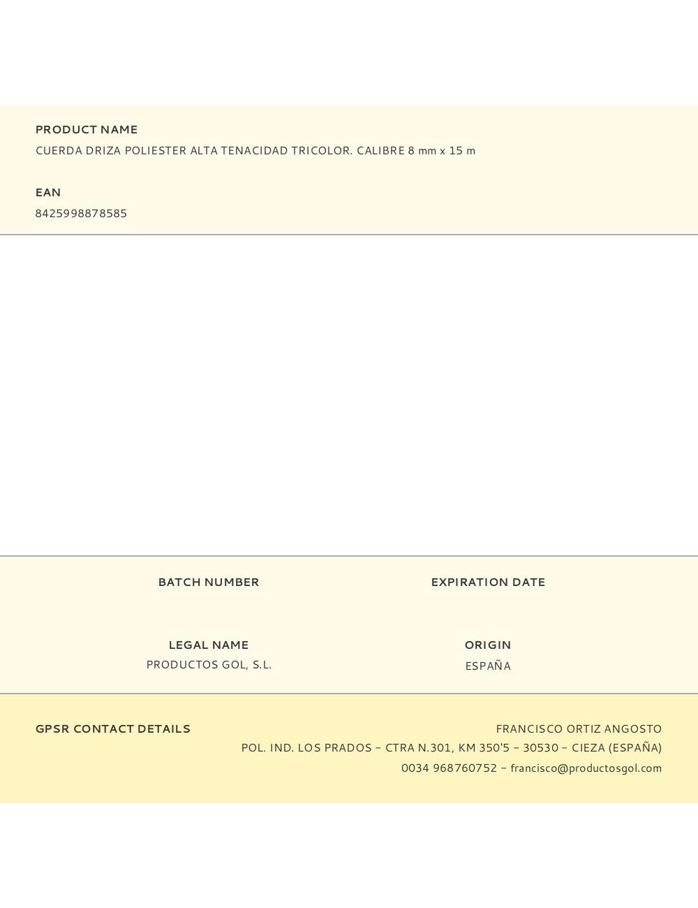 Cuerda driza poliester alta tenacidad tricolor. calibre 8 mm x 15 m