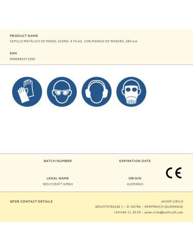 Cepillo metálico de mano, acero, 4 filas, con mango de madera, 280 mm