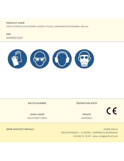 Cepillo metálico de mano, acero, 4 filas, con mango de madera, 280 mm