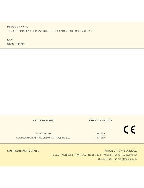 Toma de corriente tipo schuko t/tl 16a modular solera ref: 99