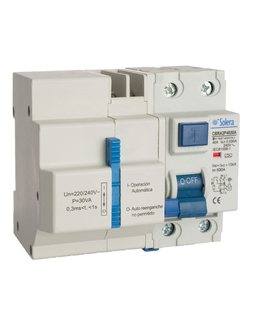 Interruptor diferencial 2p 40a 30ma ac c/reconexion automatica con 3 tiempos (retractilado) solera cbra2p4030a