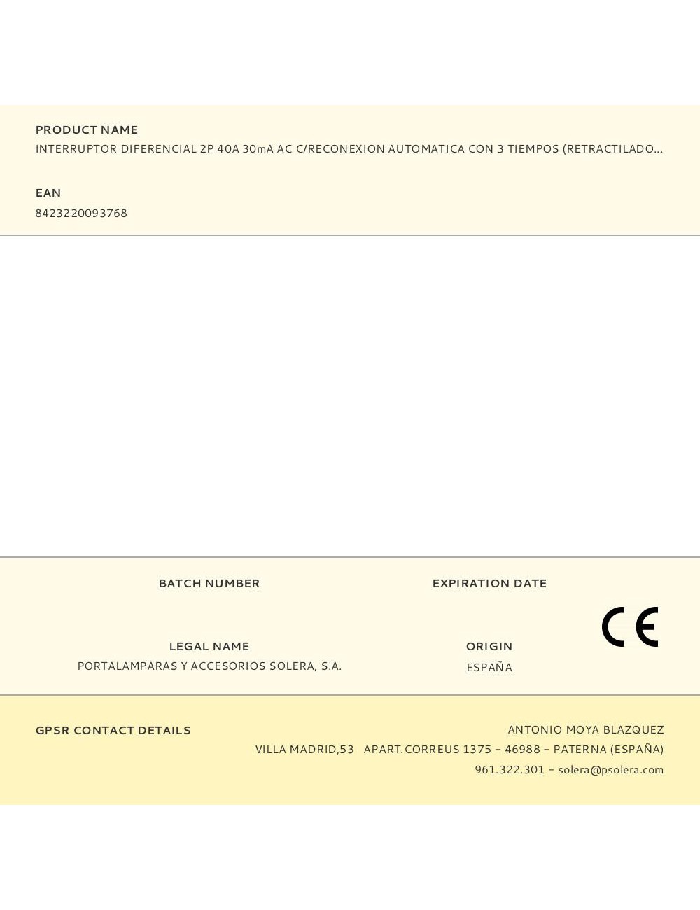 Interruptor diferencial 2p 40a 30ma ac c/reconexion automatica con 3 tiempos (retractilado) solera cbra2p4030a