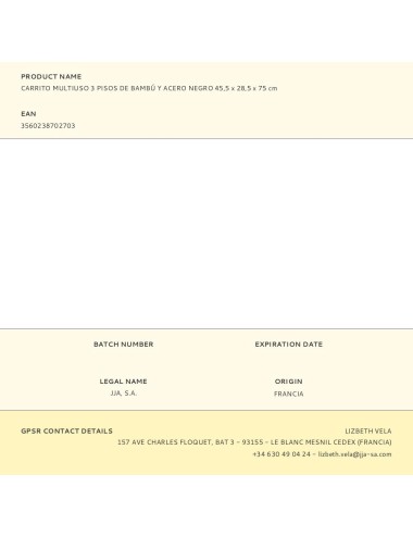 Carrito multiusos de 3 pisos, negro 45,5 x 28,5 x 75 cm