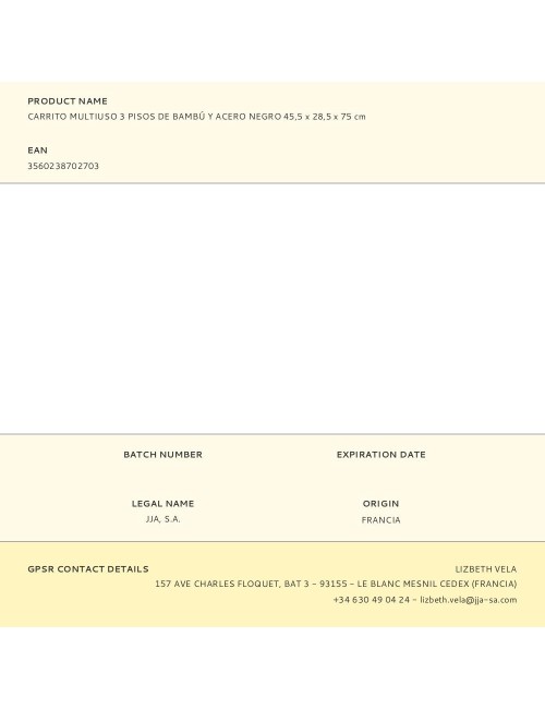 Carrito multiusos de 3 pisos, negro 45,5 x 28,5 x 75 cm