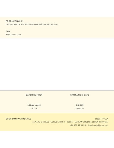 Cesto para la ropa color gris 45 l 59 x 41 x 27,5 cm