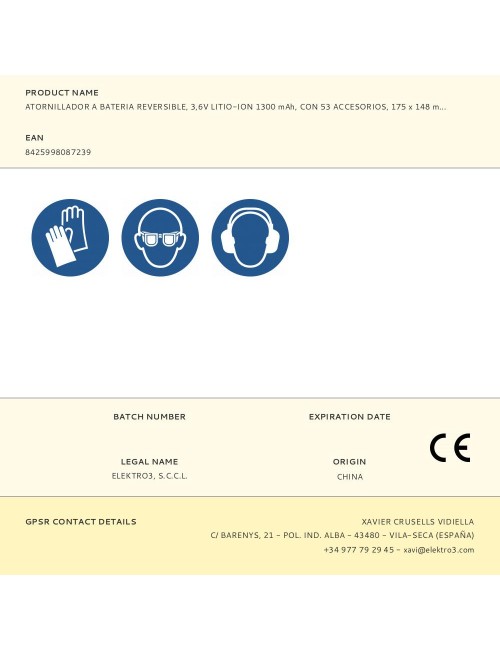 Atornillador a bateria reversible, 3,6v litio-ion 1300 mah, con 53 accesorios, 175 x 148 mm