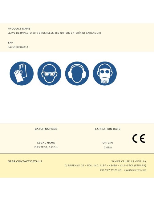 Llave de impacto 20 v brushless 280 nm (sin batería ni cargador)