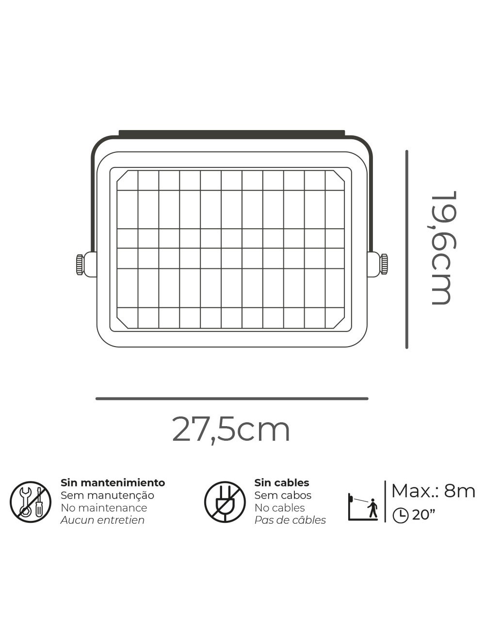 Aplique solar 10w 1150lm recargable. sensor presencia (2-8m) color negro 27,5x19,6cm edm