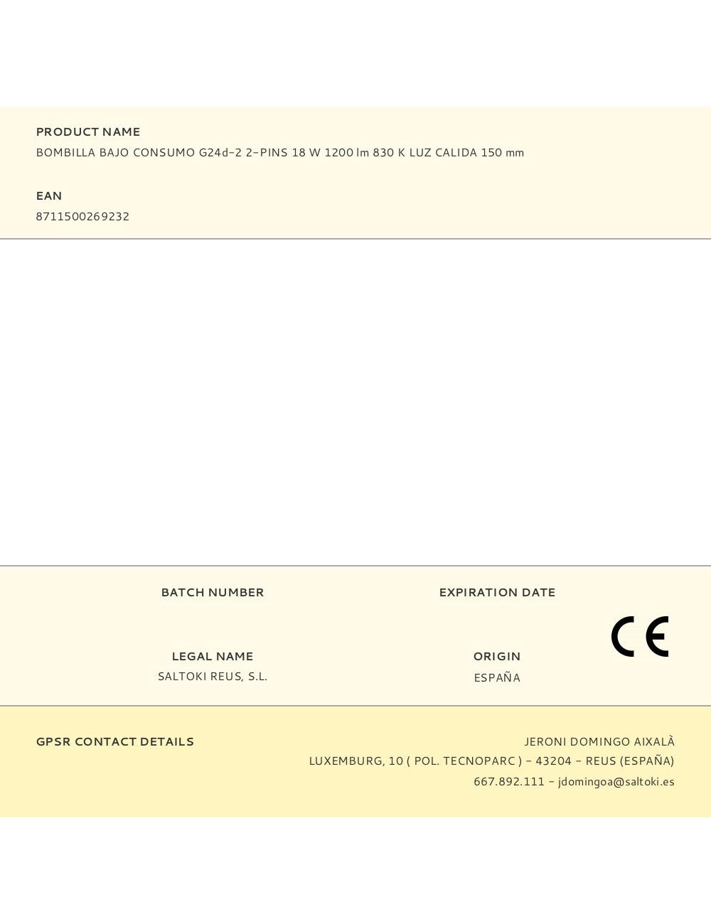 Bombilla bajo consumo g24d-2 2-pins 18 w 1200 lm 830 k luz calida 150 mm