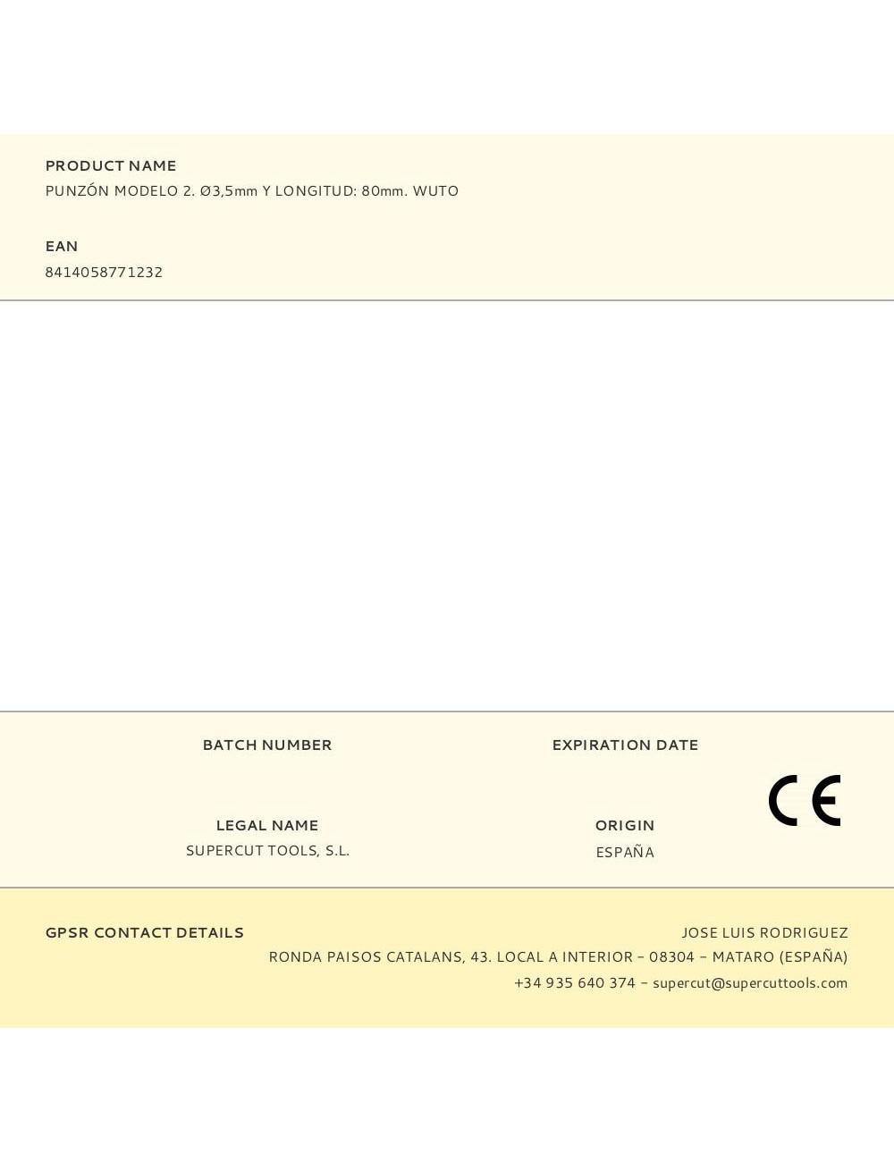 Punzón modelo 2. ø3,5mm y longitud: 80mm. wuto