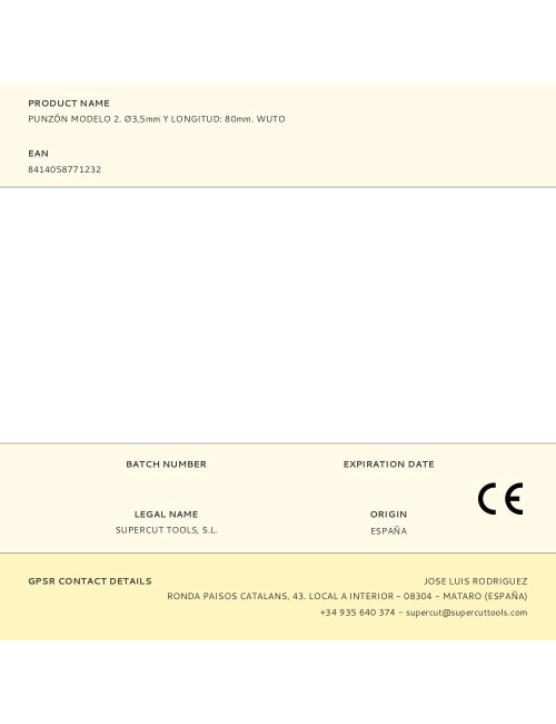 Punzón modelo 2. ø3,5mm y longitud: 80mm. wuto