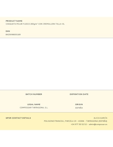 Chaqueta polar fleece 280g/m con cremallera talla-xl