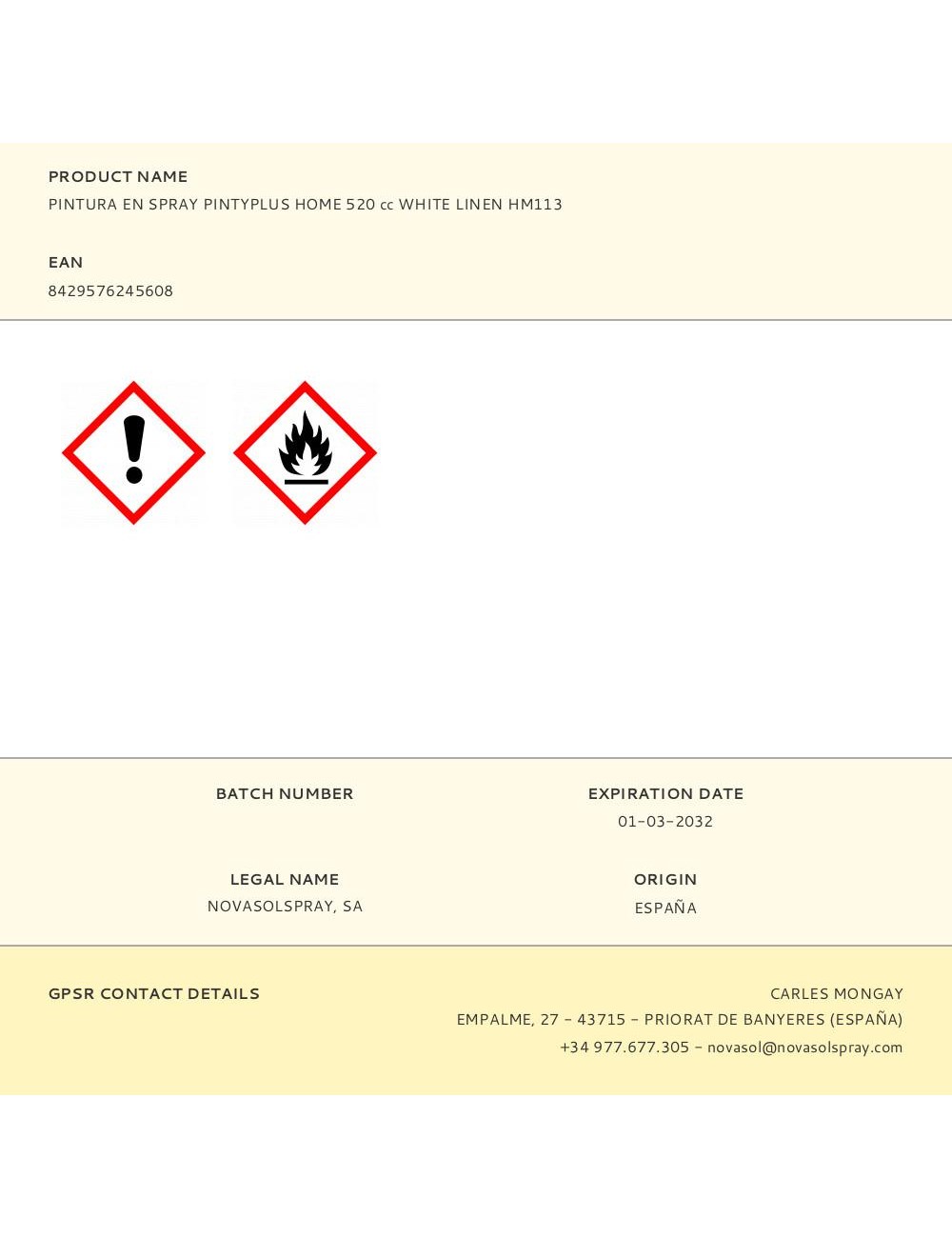 Pintura acrílica spray home water-based 520 cc white linen hm113