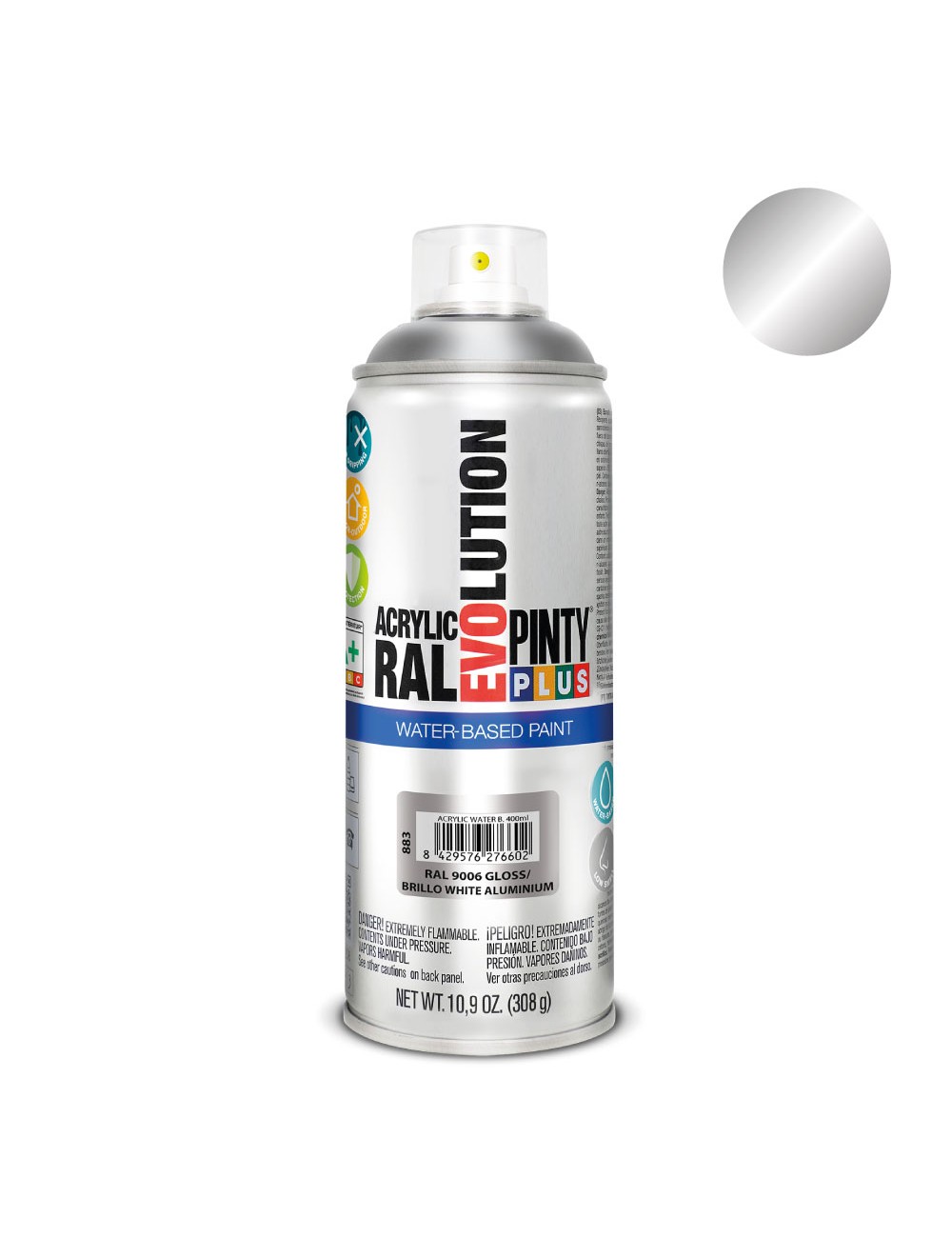 Pintura acrílica spray evolution water-based 520 cc ral 9006 aluminio blanco