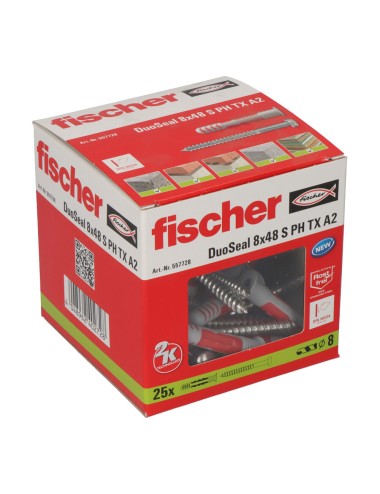 Tacos estanco ø8 x 48 mm + tornillos duoseal ø6 x 70 mm, pack 25 uds