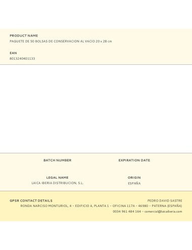 Paquete de 50 bolsas de conservacion al vacio 20 x 28 cm