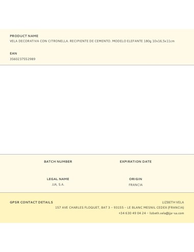 Vela decorativa con citronella. recipiente de cemento. modelo elefante 180g 10x16,5x11cm