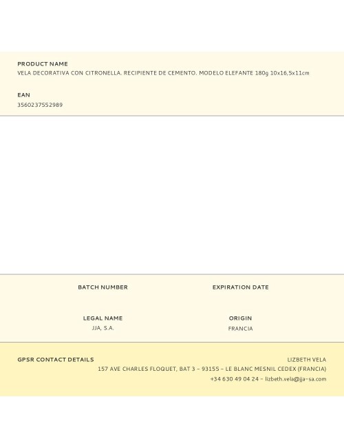 Vela decorativa con citronella. recipiente de cemento. modelo elefante 180g 10x16,5x11cm