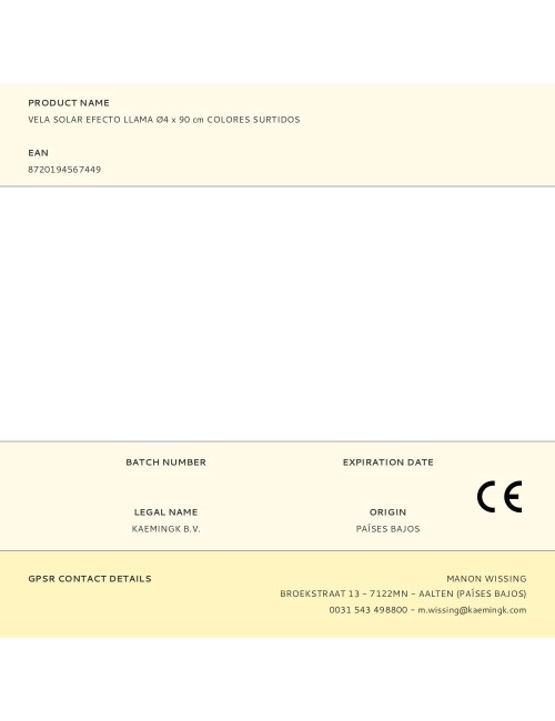 Vela solar efecto llama ø4 x 90 cm colores surtidos