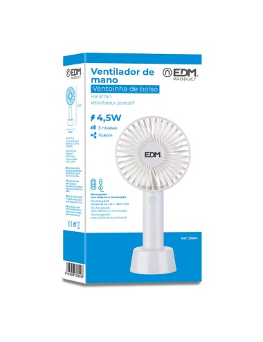 Ventilador de mano, recargable. 4,5 w aspas 10,6 x 6,5 x 22 cm