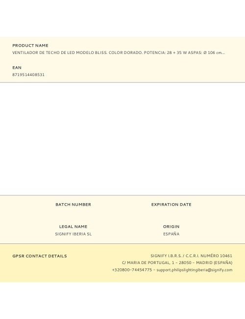 Ventilador de techo de led modelo bliss. color dorado. potencia: 35 + 28 w aspas: ø 106 cm con mando a distancia