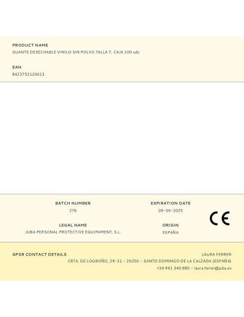 Guante vinilo, sin polvo, desechable, transparente, t-07, caja 100 uds