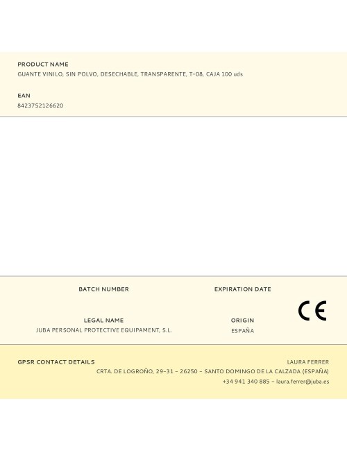 Guante vinilo, sin polvo, desechable, transparente, t-08, caja 100 uds