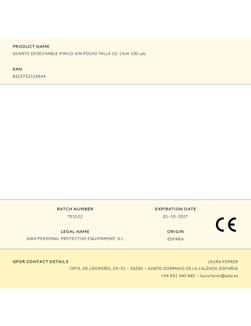 Guante vinilo, sin polvo, desechable, transparente, t-10, caja 100 uds