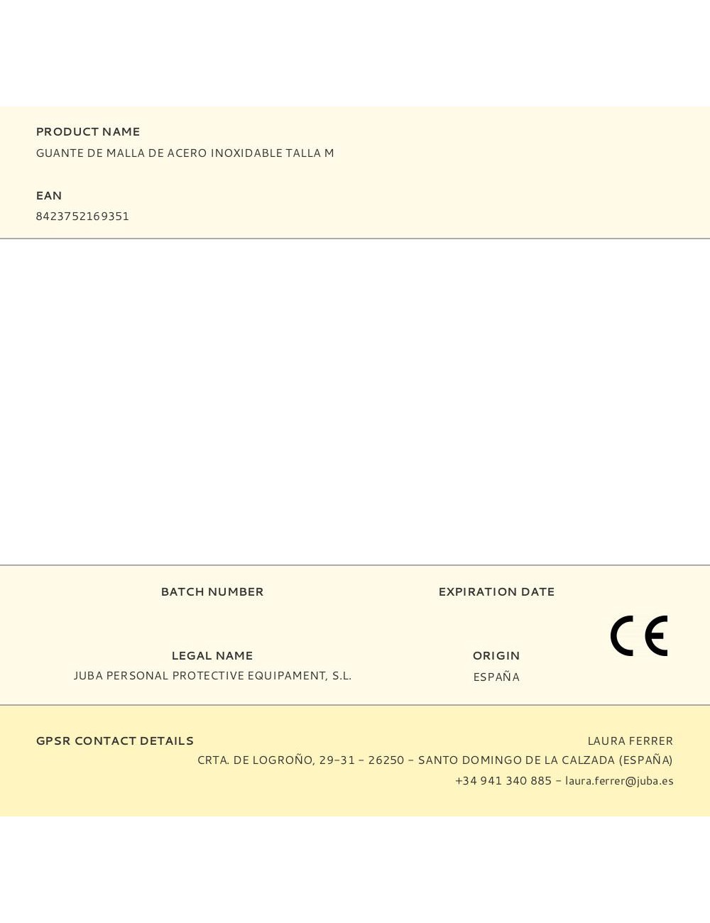 Guante malla de acero inoxidable, t-m