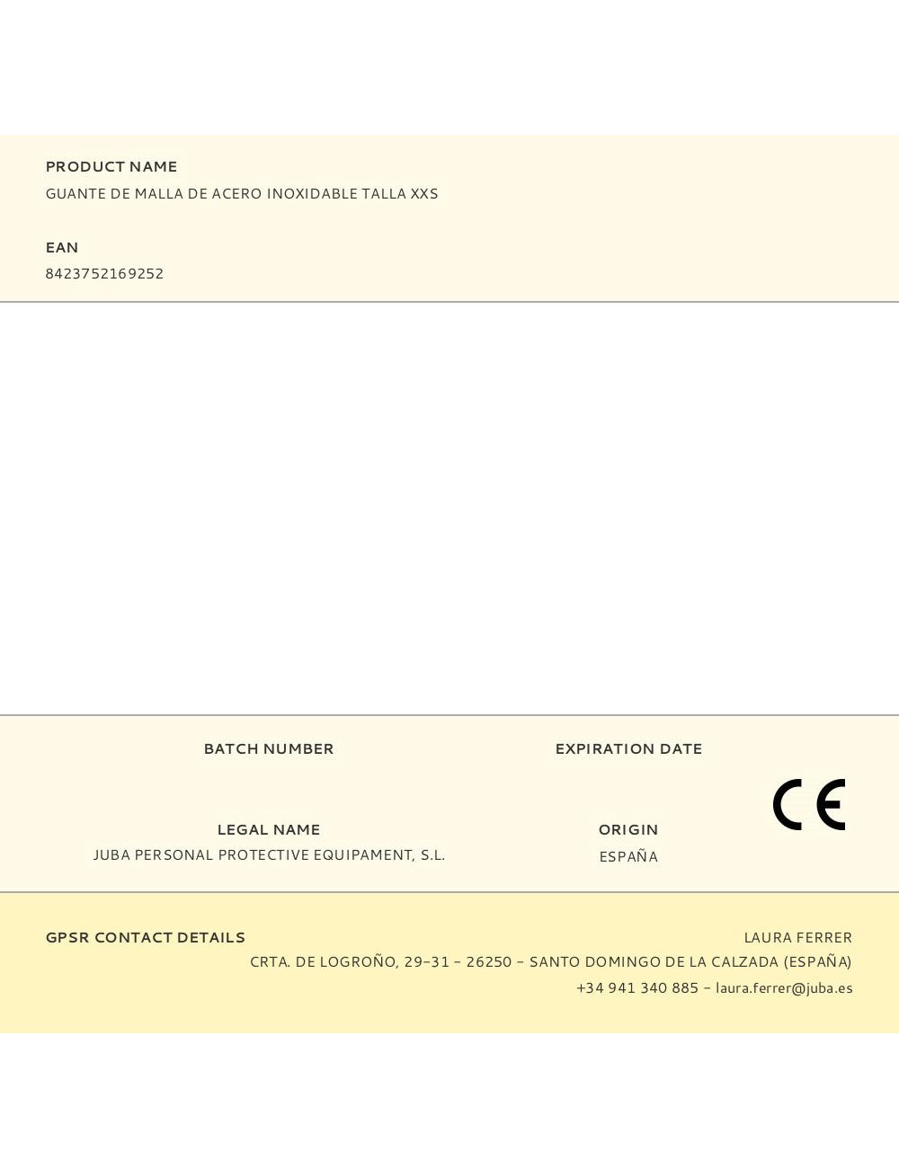 Guante malla de acero inoxidable, t-xxs