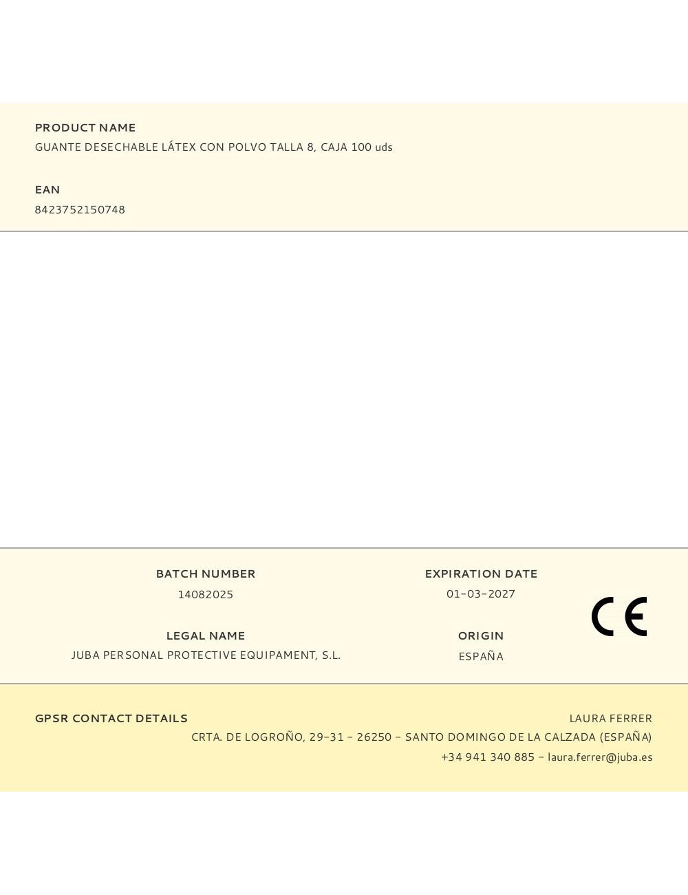 Guante látex, con polvo, desechable, blanco, t-08, caja 100 uds