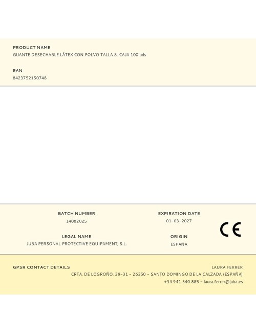 Guante látex, con polvo, desechable, blanco, t-08, caja 100 uds