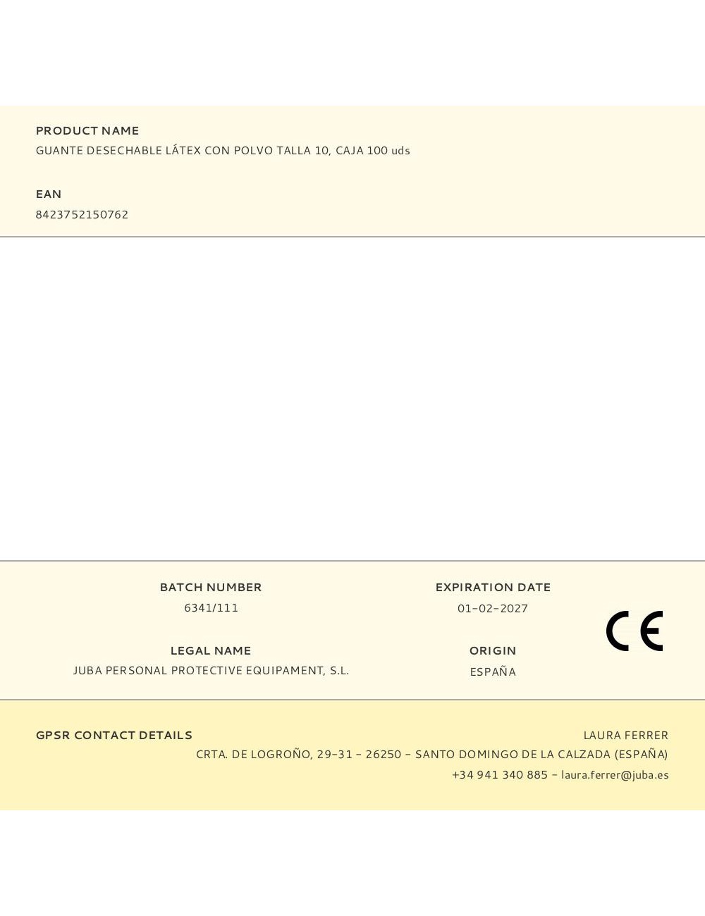 Guante látex, con polvo, desechable, blanco, t-10, caja 100 uds