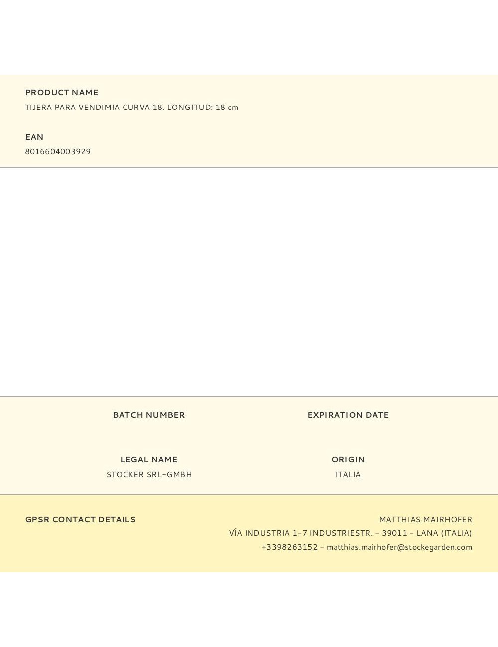 Tijera para vendimia curva 18. longitud: 18 cm