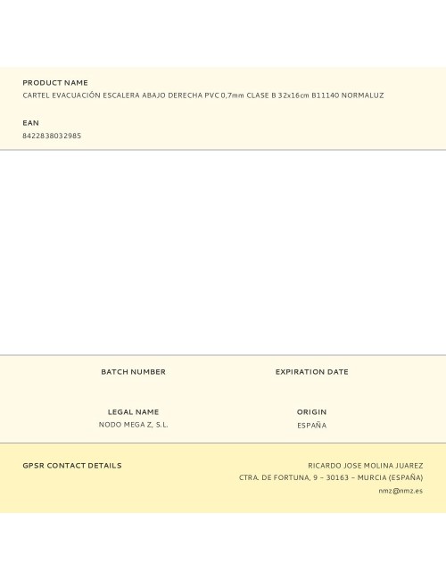 Cartel evacuación escalera abajo derecha pvc 0,7mm clase b 32x16cm b11140 normaluz