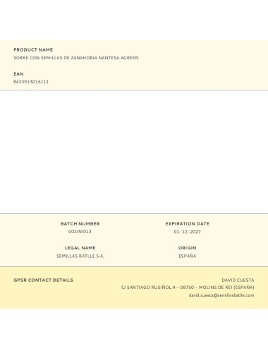 Sobre con semillas de zanahoria nantesa agreen