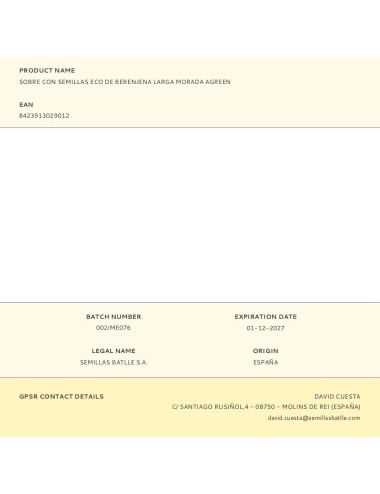 Sobre con semillas eco de berenjena larga morada agreen