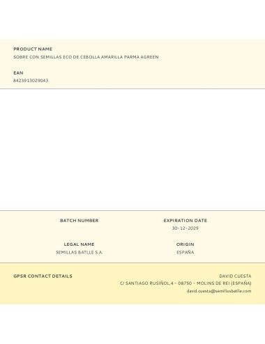 Sobre con semillas eco de cebolla amarilla parma agreen