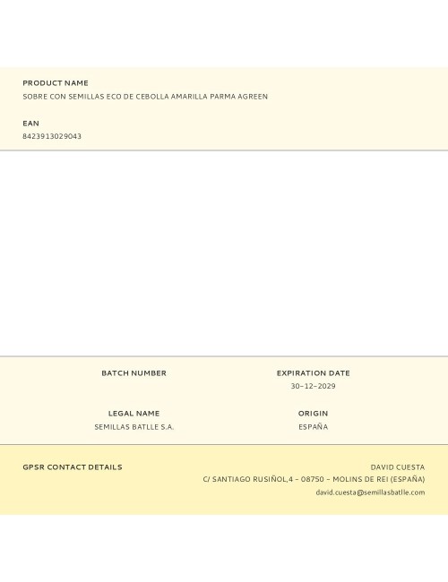 Sobre con semillas eco de cebolla amarilla parma agreen