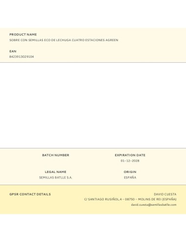 Sobre con semillas eco de lechuga cuatro estaciones agreen