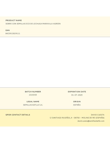 Sobre con semillas eco de lechuga maravilla agreen