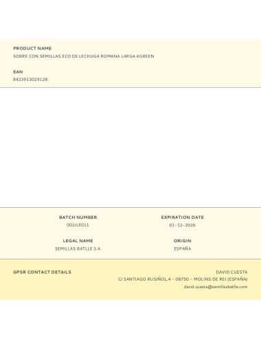 Sobre con semillas eco de lechuga romana larga agreen